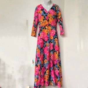 Maxi Dress 1960s Vintage Flower Power Floral Long Sleeve Size 14 StyleRite